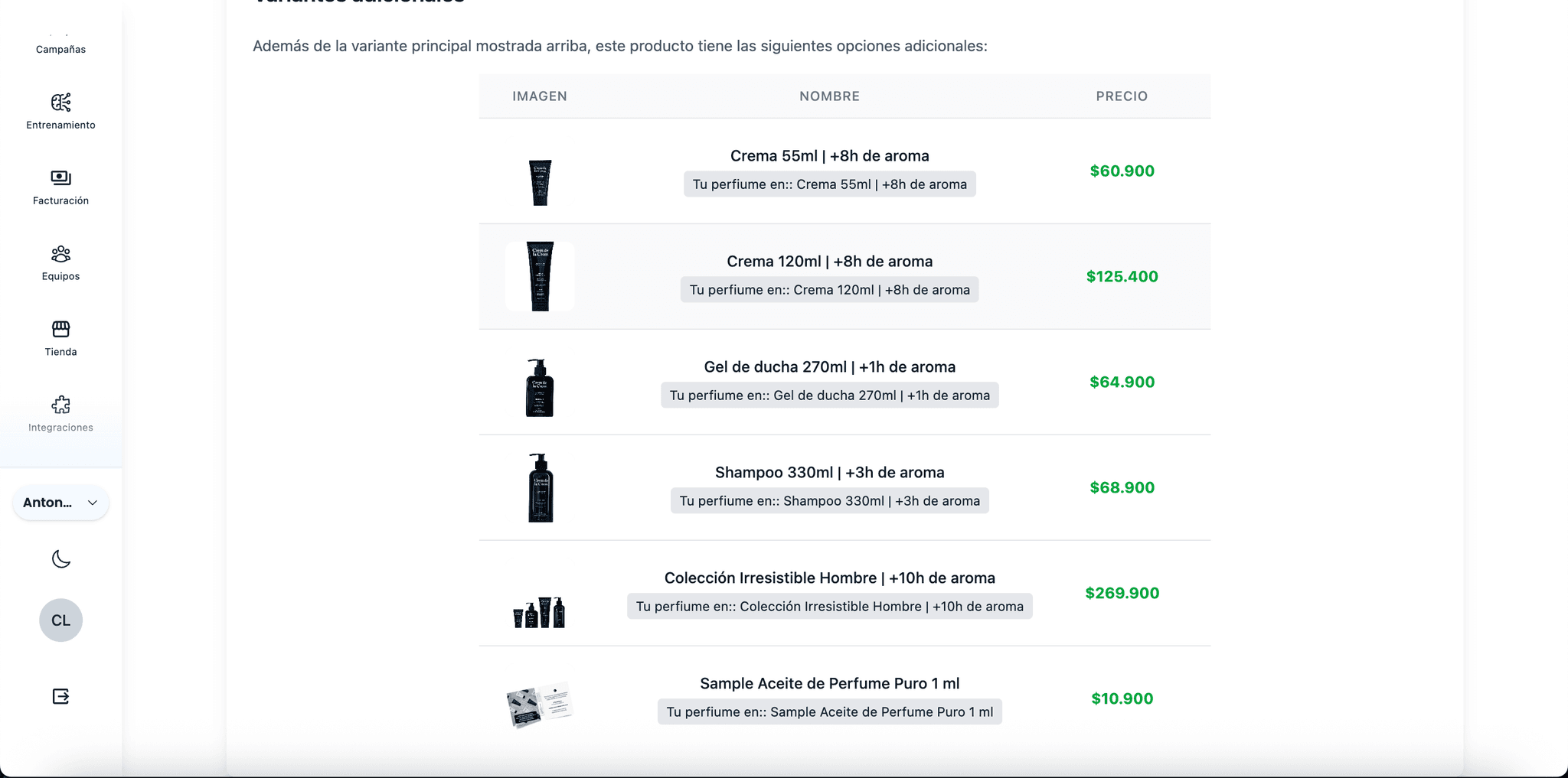 Catálogo de productos integrado